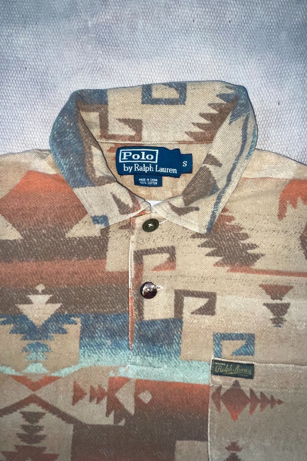 Polo RL Navajo Aztec Blanket Print Knit Polo S -90s Santa Fe