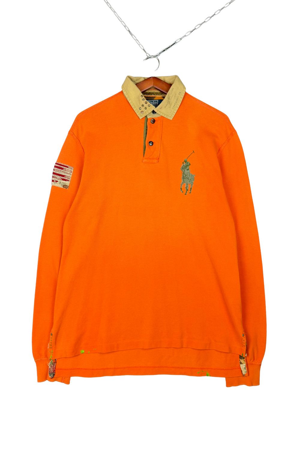 ss12 PRL “Custom Repair / Studded Collar” LS Rugby - L